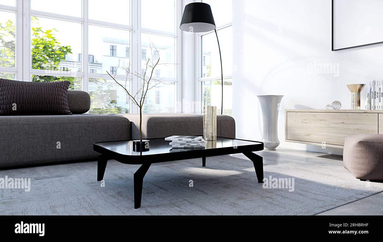Modern room interior with panoramic windows Stock Photo - Alamy