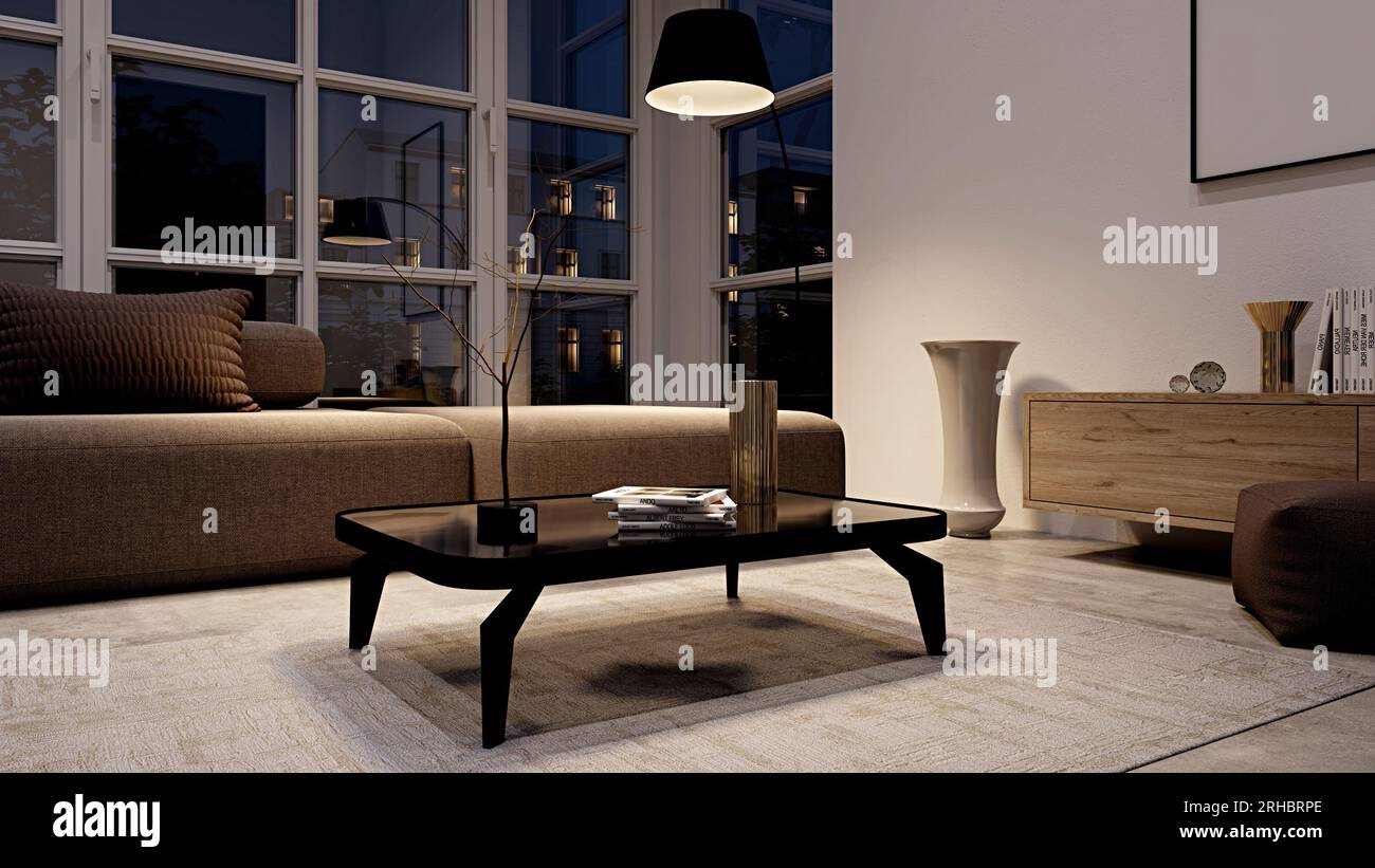 Modern room interior with panoramic windows Stock Photo - Alamy