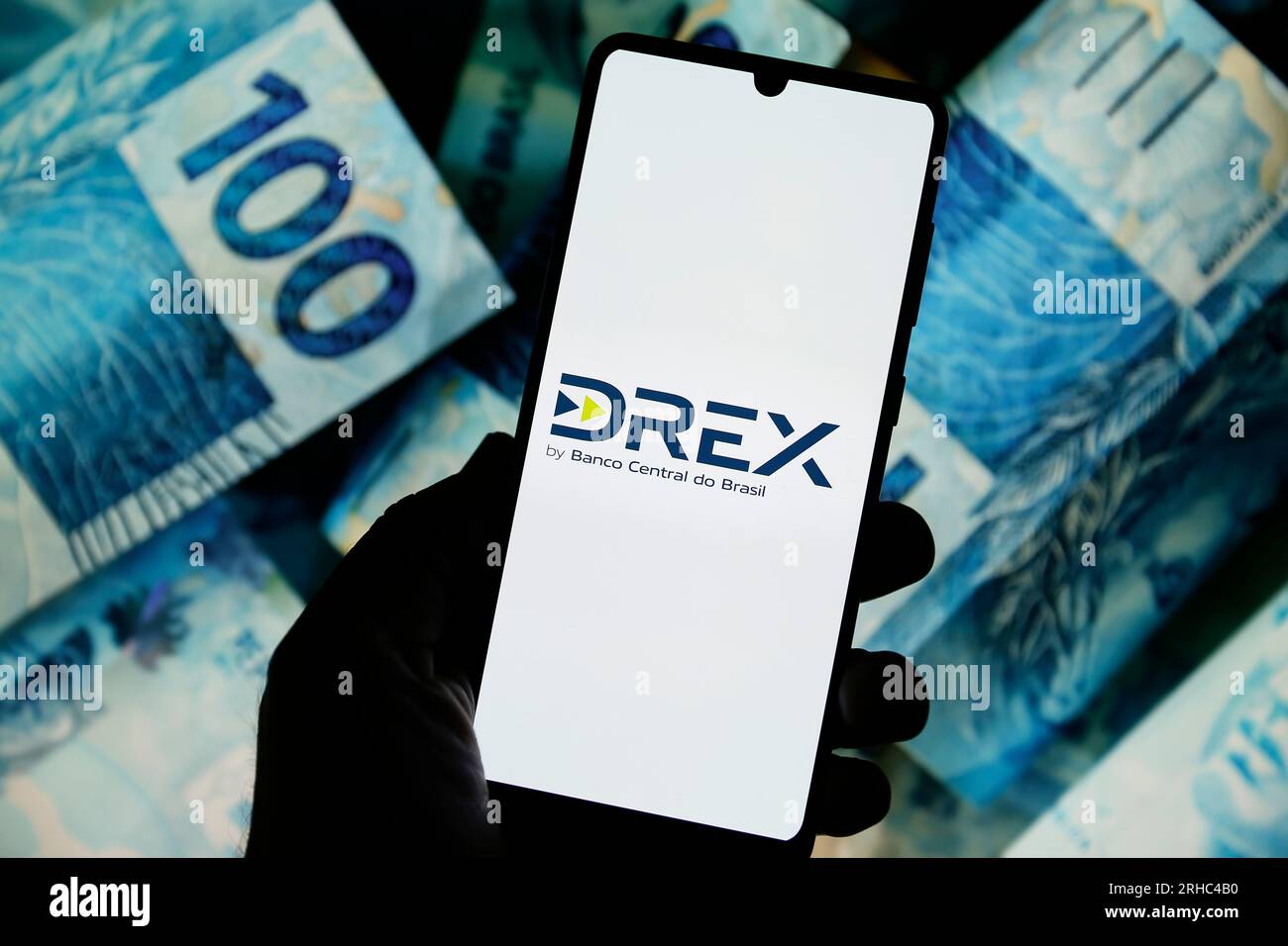 Minas Gerais, Brazil - August 15, 2023: illustrative image of the real digital currency of Brazil DREX on the cell phone screen Stock Photo