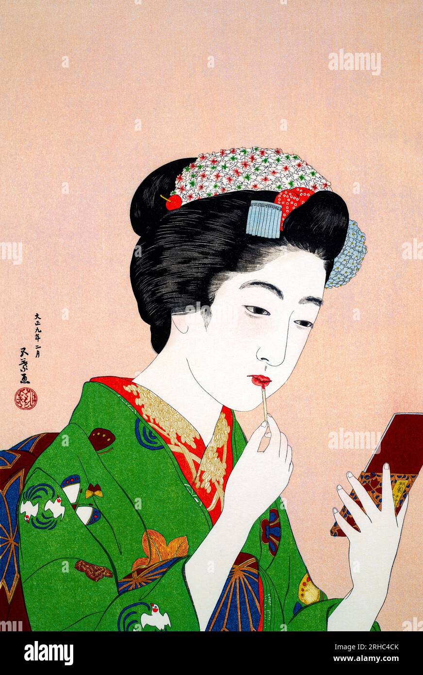 Woman Applying Rouge print in high resolution by Goyo Hashiguchi. Original from the Yale University Art Gallery. Stock Photo