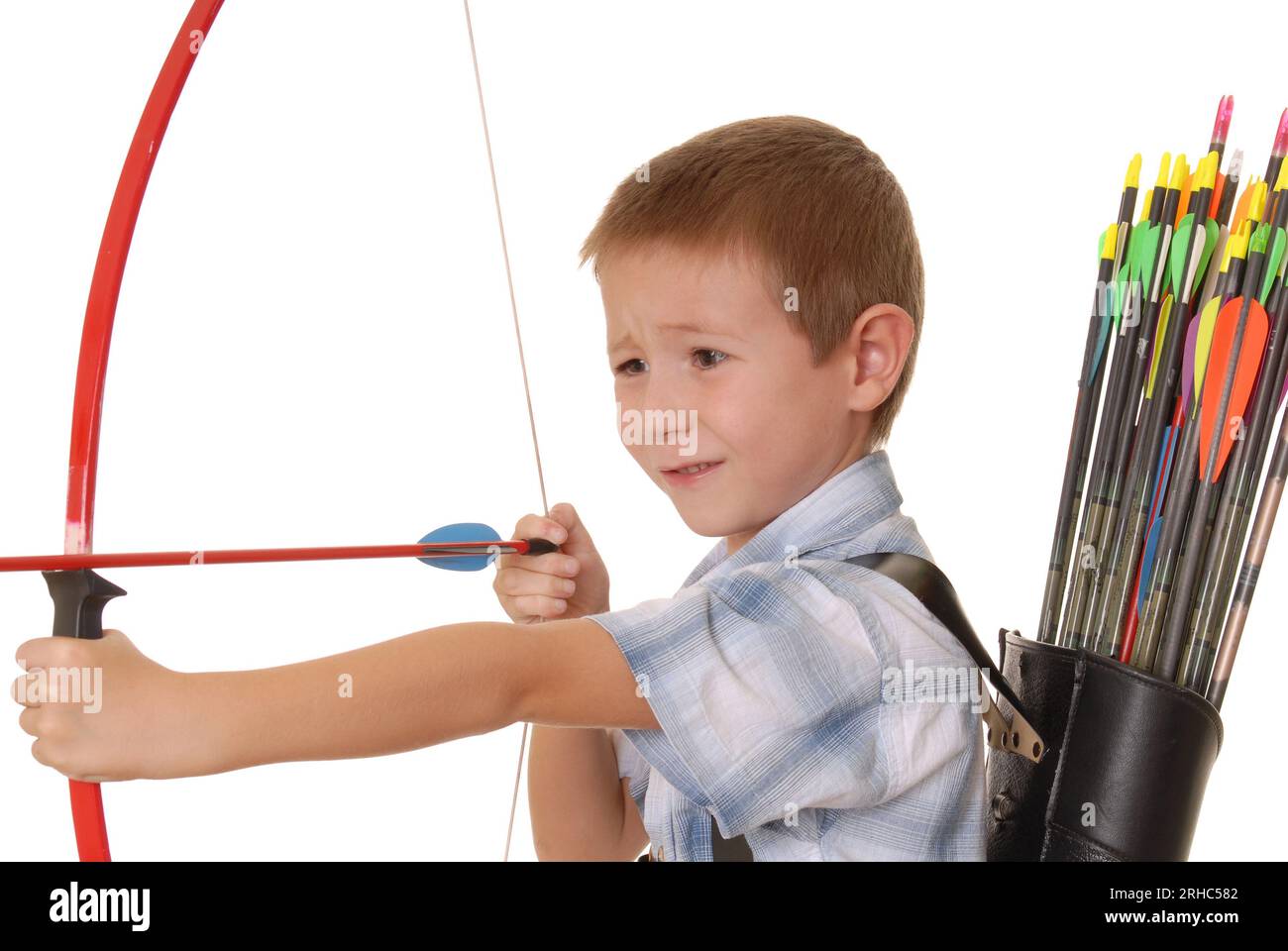 Young Boy with Bow and Arrows isolated over white Stock Photo