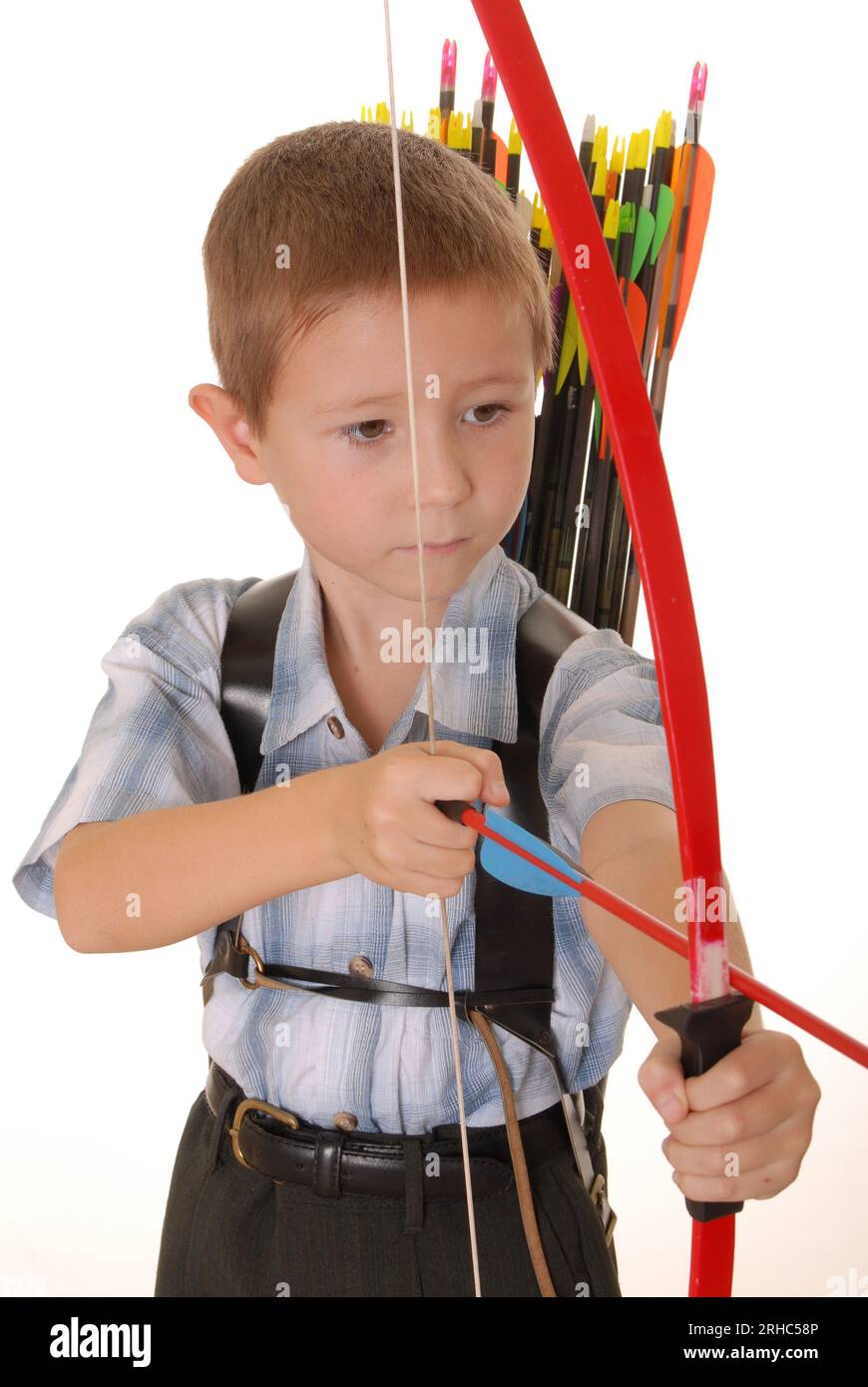Young Boy with Bow and Arrows isolated over white Stock Photo Alamy