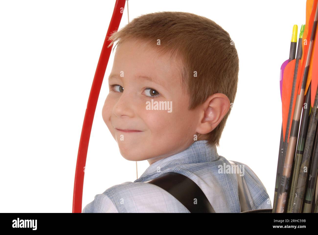 Young Boy with Bow and Arrows isolated over white Stock Photo Alamy
