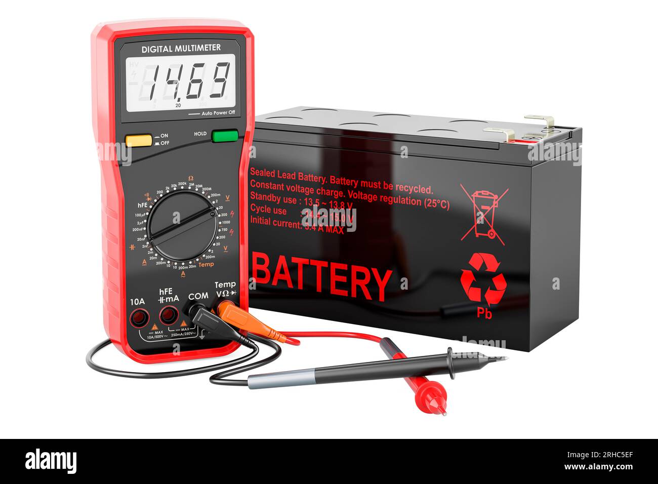 Digital multimeter and sealed UPS battery, 3D rendering isolated on white background Stock Photo