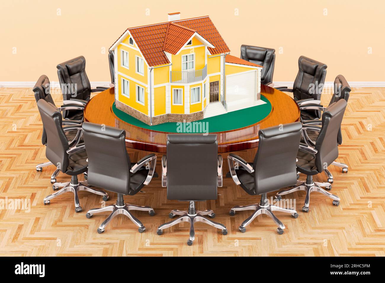 Round Table Rendering Round table with home and armchairs around, 3D rendering Stock Photo ...