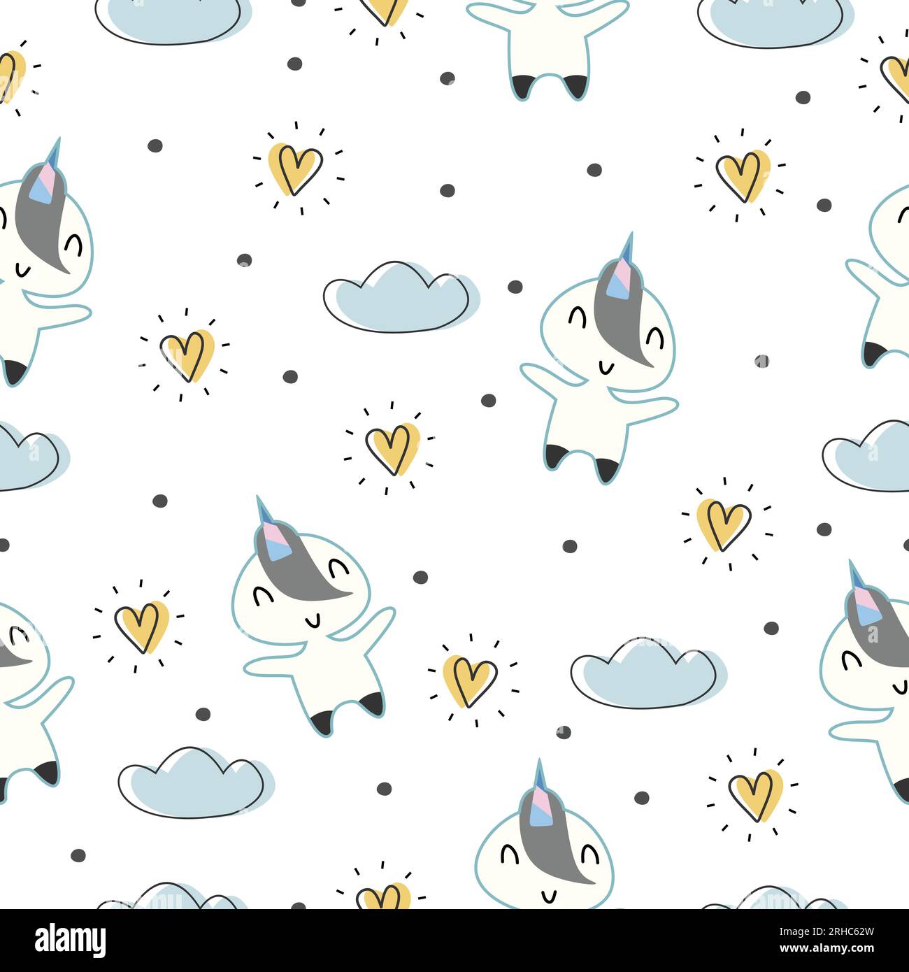 Cute baby fashion background with unicorn childish drawing seamless ...