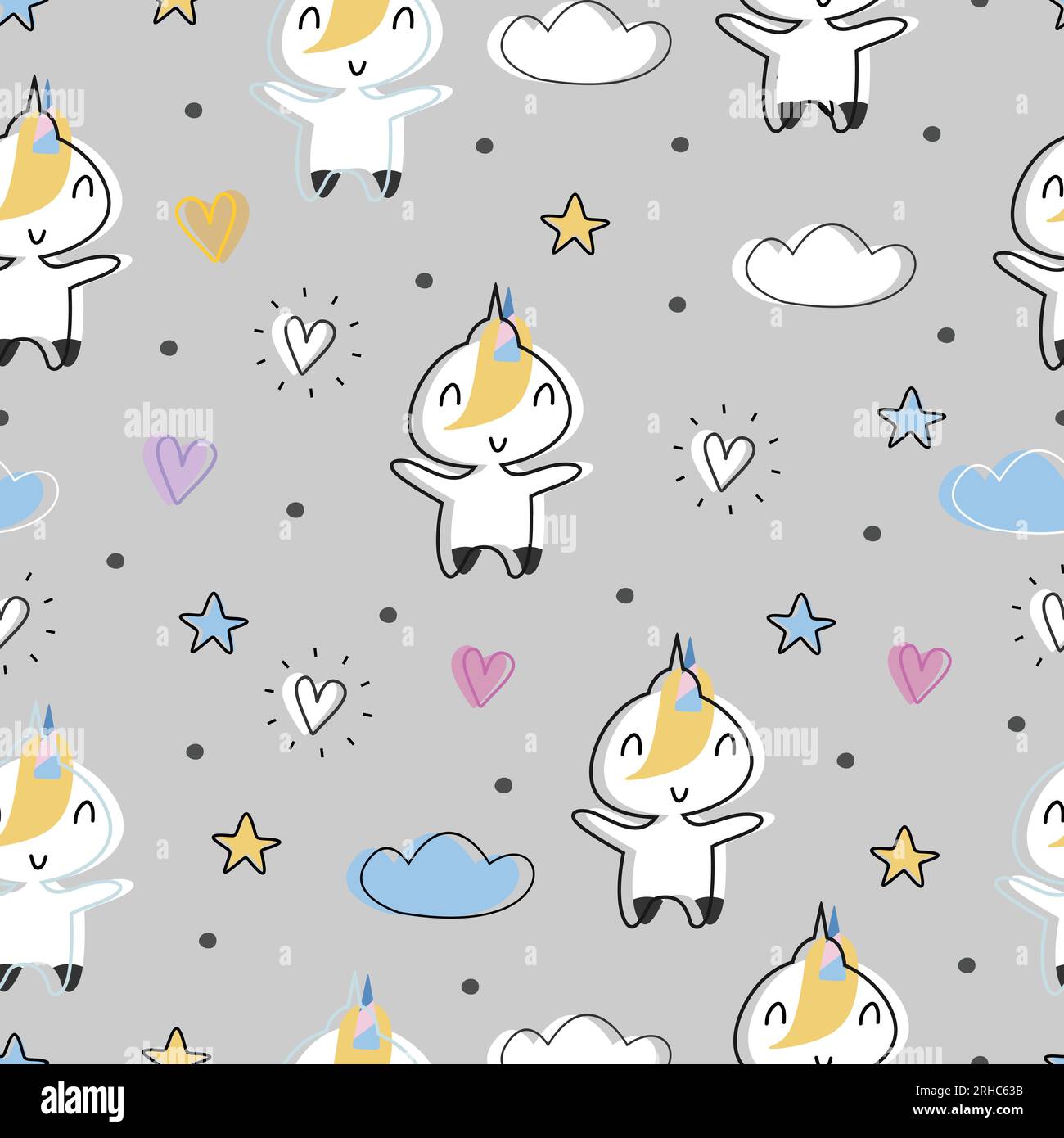 Cute baby fashion background with unicorn childish drawing seamless ...