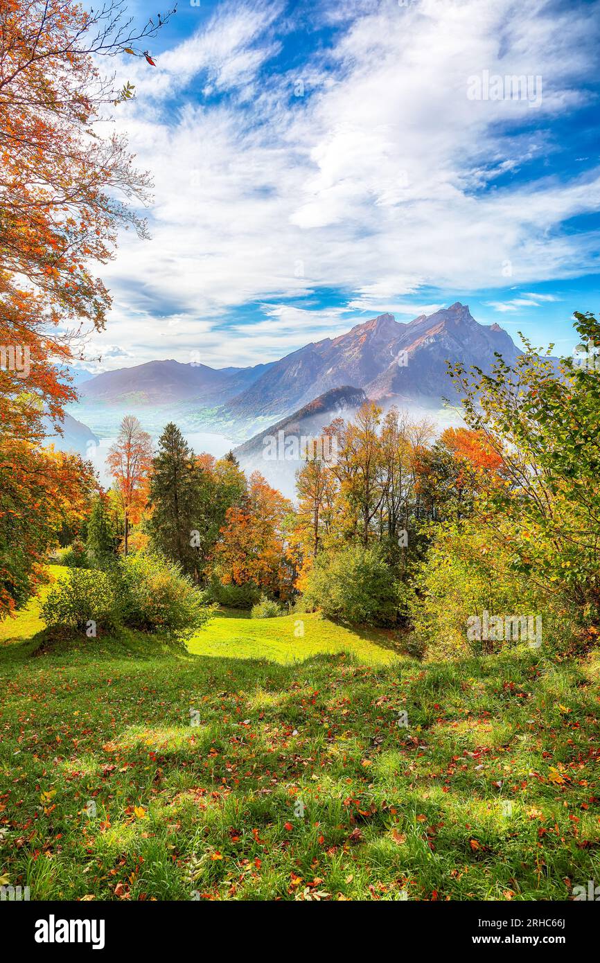 Breathtaking autumn view on suburb of Stansstad city  and Lucerne lake with mountaines and fog. Poppular travel destination in Swiss Alps.   Location: Stock Photo