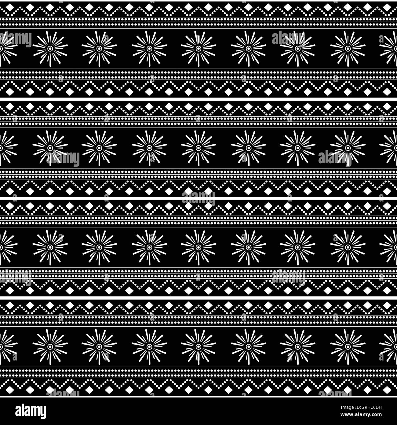 Black and white tribal seamless pattern vector illustration with stripes drawing mandala stars batik motif. Stock Vector