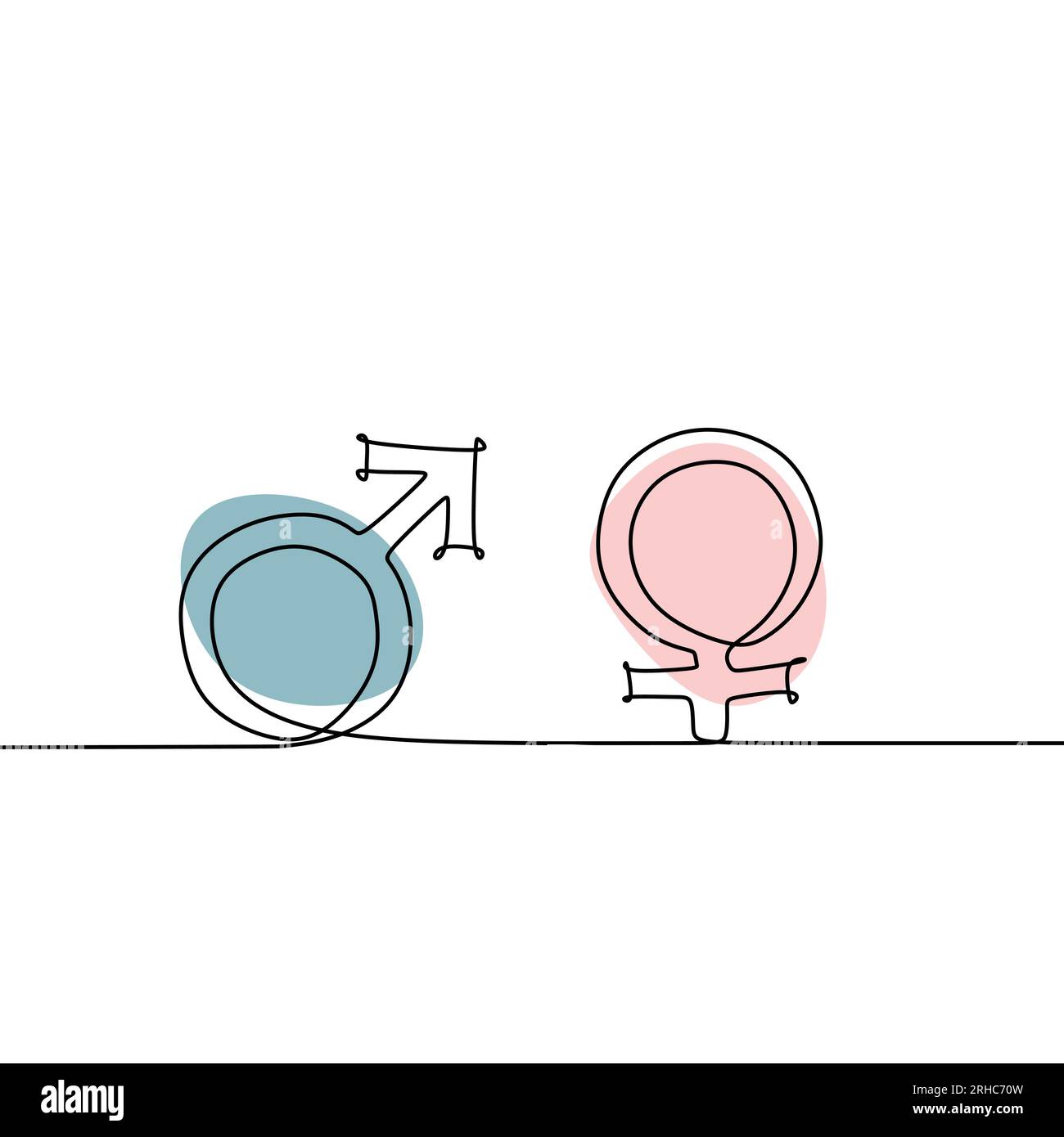 Male and female symbol continuous line drawing vector illustration. Concept of gender sign with blue and pink colors. Stock Vector