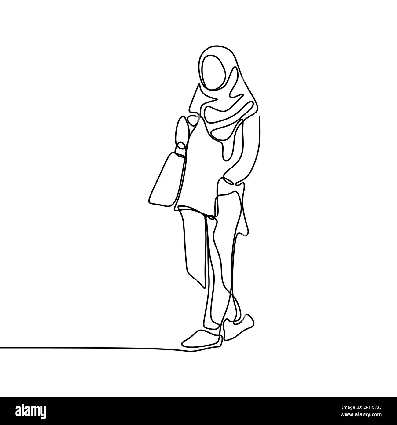 Trendy hijab girl wearing modern fashion with one continuous line art ...