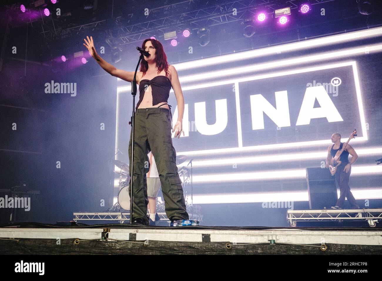 Gothenburg, Sweden. 12th, August 2023. The American indie pop band Muna performs a live concert during the Swedish music festival Way Out West 2023 in Gothenburg. Here singer Katie Gavin is seen live on stage. (Photo credit: Gonzales Photo - Tilman Jentzsch). Stock Photo