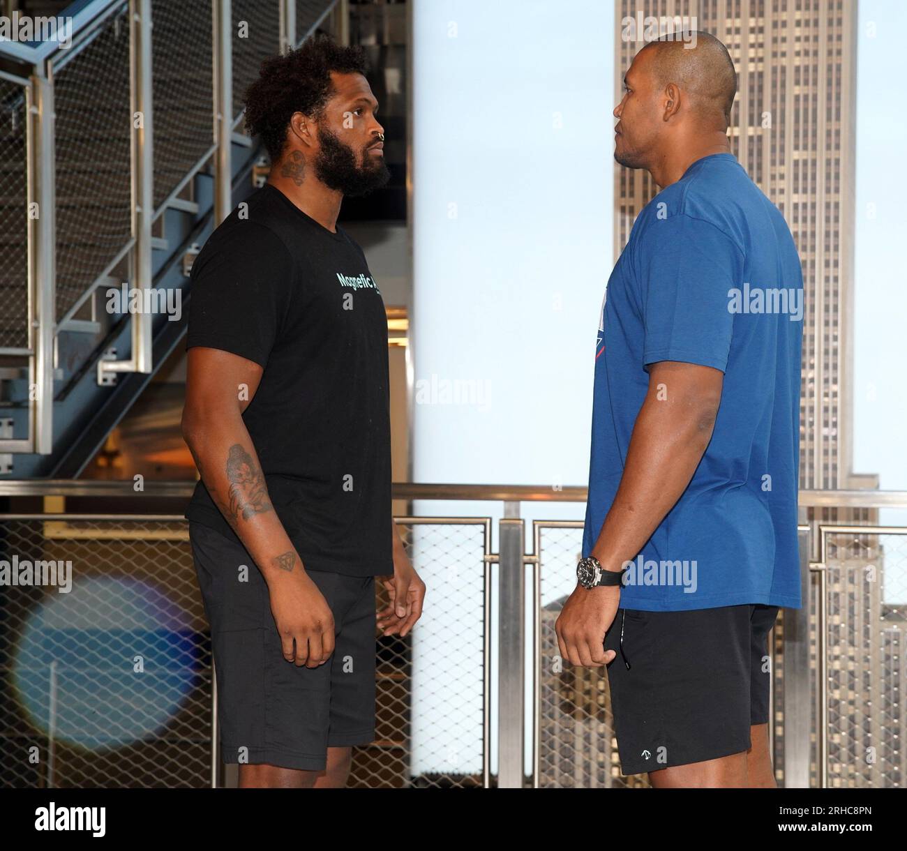 New York, NY, USA. 15th Aug, 2023. Maurice Greene, Renan Ferreira at a public appearance for PFL World Championship Semifinalists Visit Empire State Building, The Empire State Building, New York, NY August 15, 2023. Credit: Eli Winston/Everett Collection/Alamy Live News Stock Photo