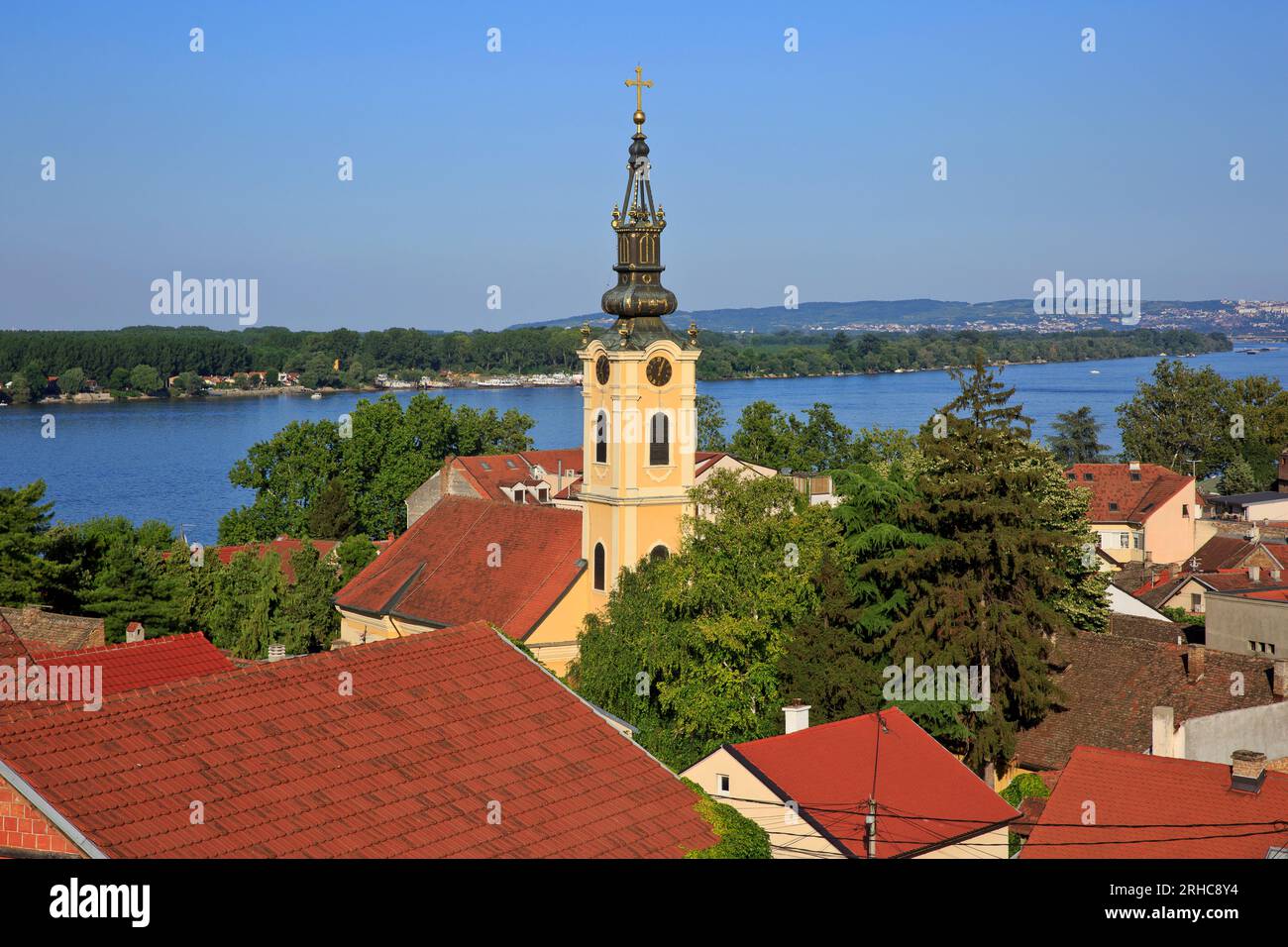 Panoramic views across Zemun and the River Danube from the Gardos Tower in Zemun (Belgrade), Serbia on a beautiful summer afternoon Stock Photo