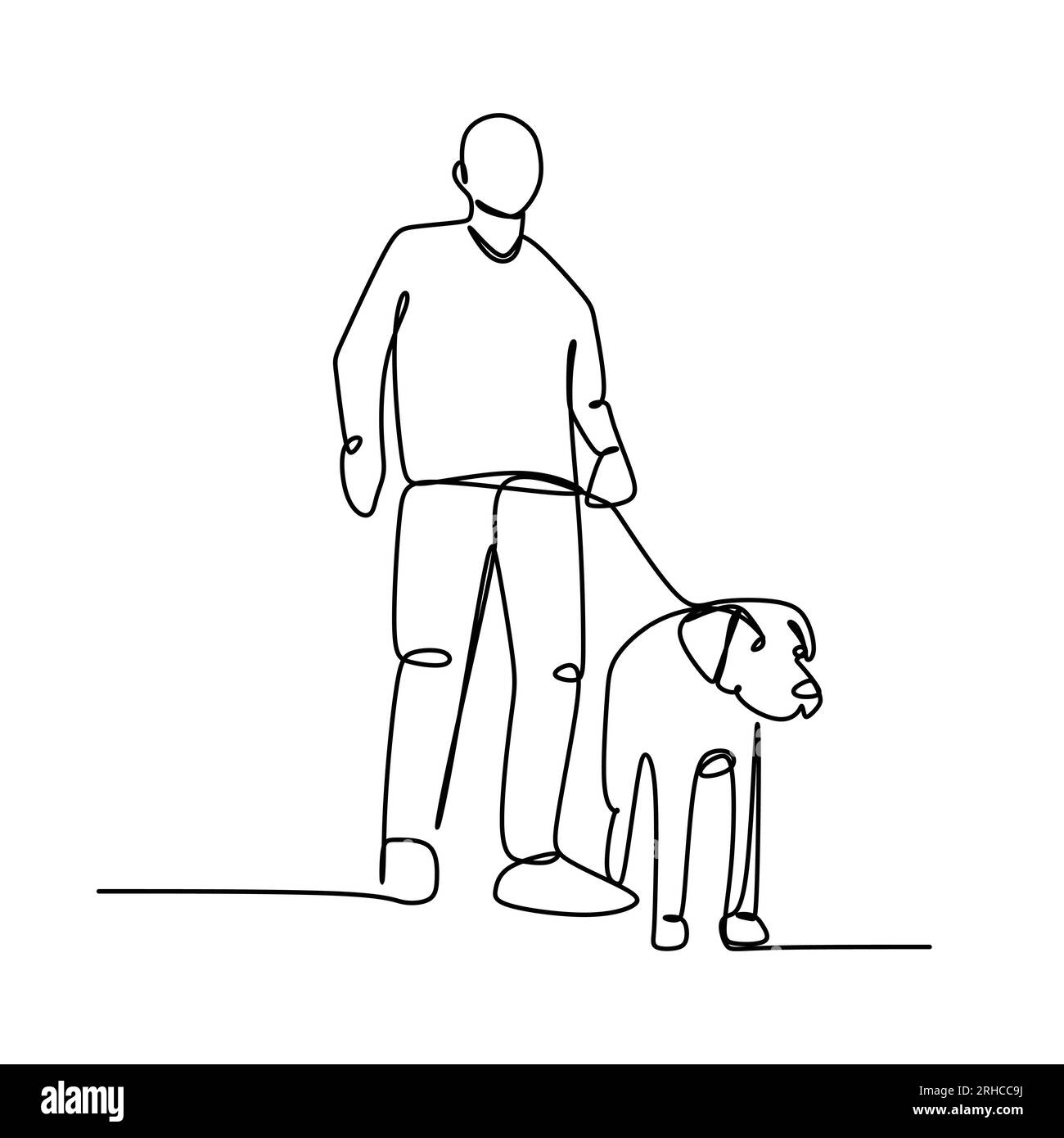 Continuous one line a man is walking with a dog. Stock Vector