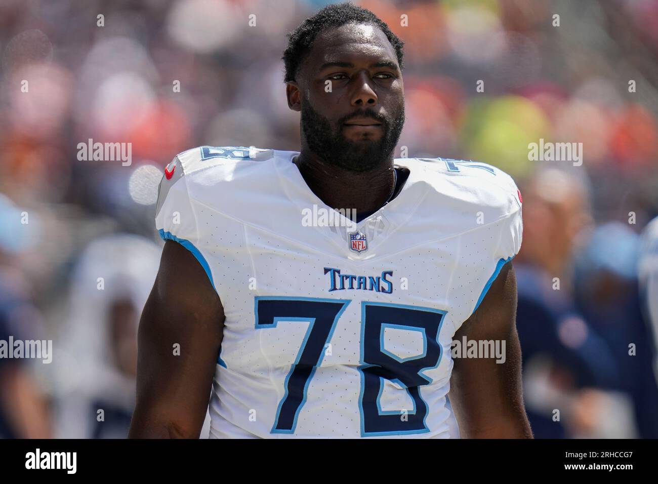 Tennessee Titans offensive tackle Nicholas Petit-Frere (78) looks to make a  block during an NFL football game against the Buffalo Bills, Monday, Sept.  19, 2022, in Orchard Park, N.Y. (AP Photo/Kirk Irwin