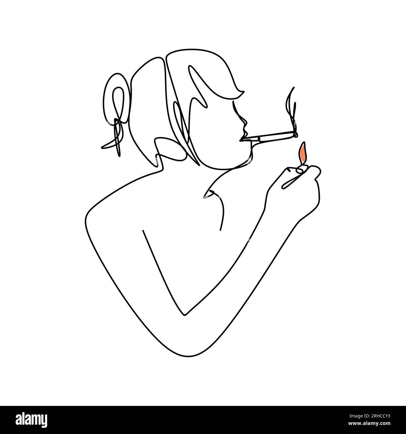 Continuous line drawing of a woman light a cigarette for smoking vector illustration Stock Vector
