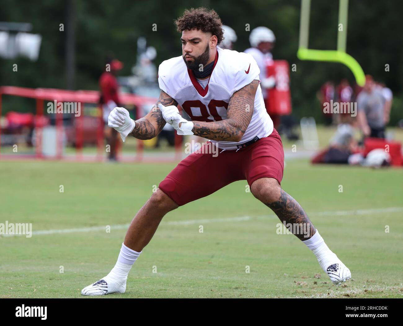 Ashburn, United States. 08th Aug, 2023. Washington Commanders tight end Curtis  Hodges (80) walking through some formations with other tight end position  players before practice on August 8th 2023 at the OrthoVirginia