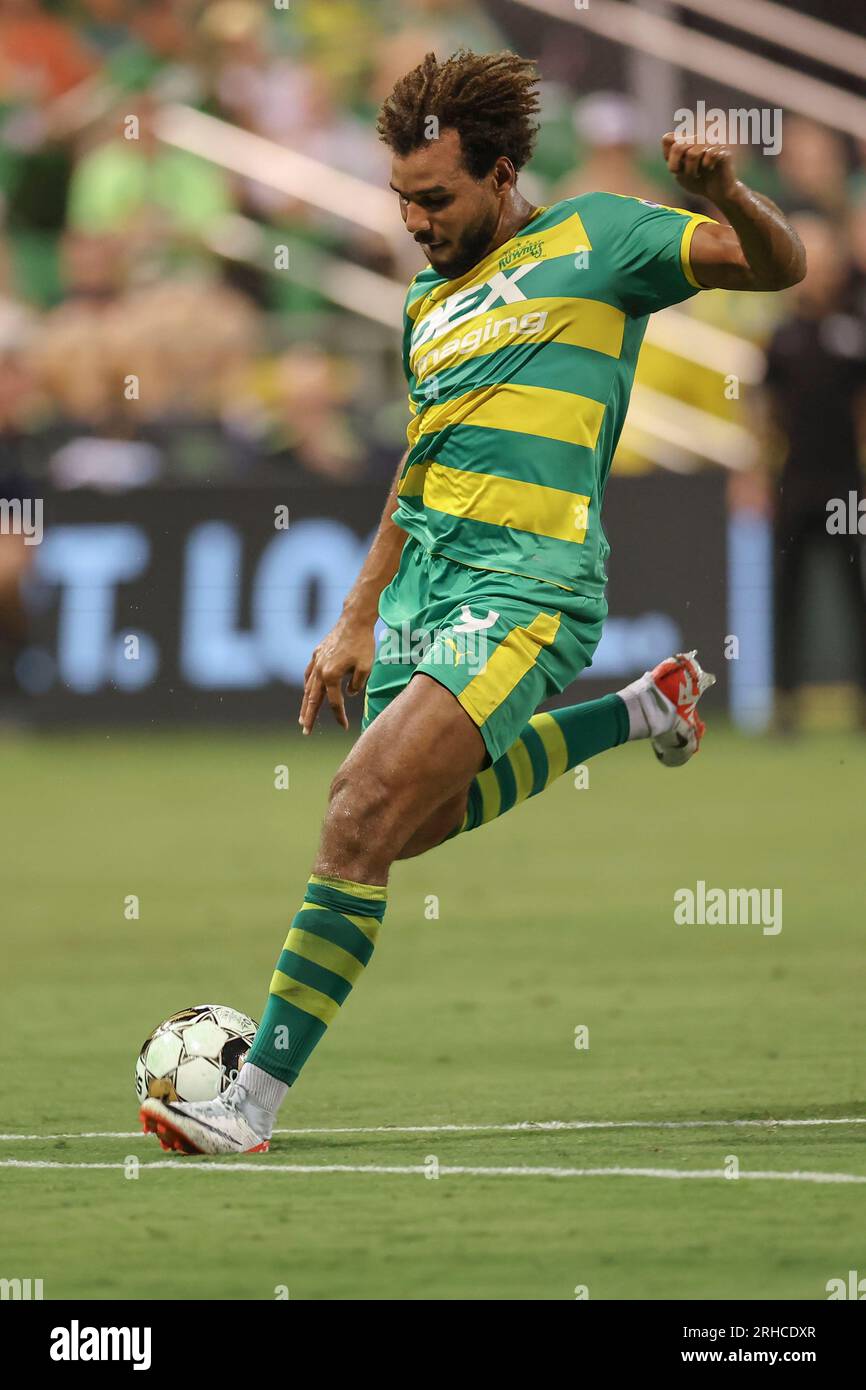 St. Petersburg, United States. 12th Aug, 2022. St. Petersburg, FL: Tampa  Bay Rowdies defender J.J. Williams (9) shoots the ball on goal during a USL  soccer game against Monterey Bay FC, Saturday