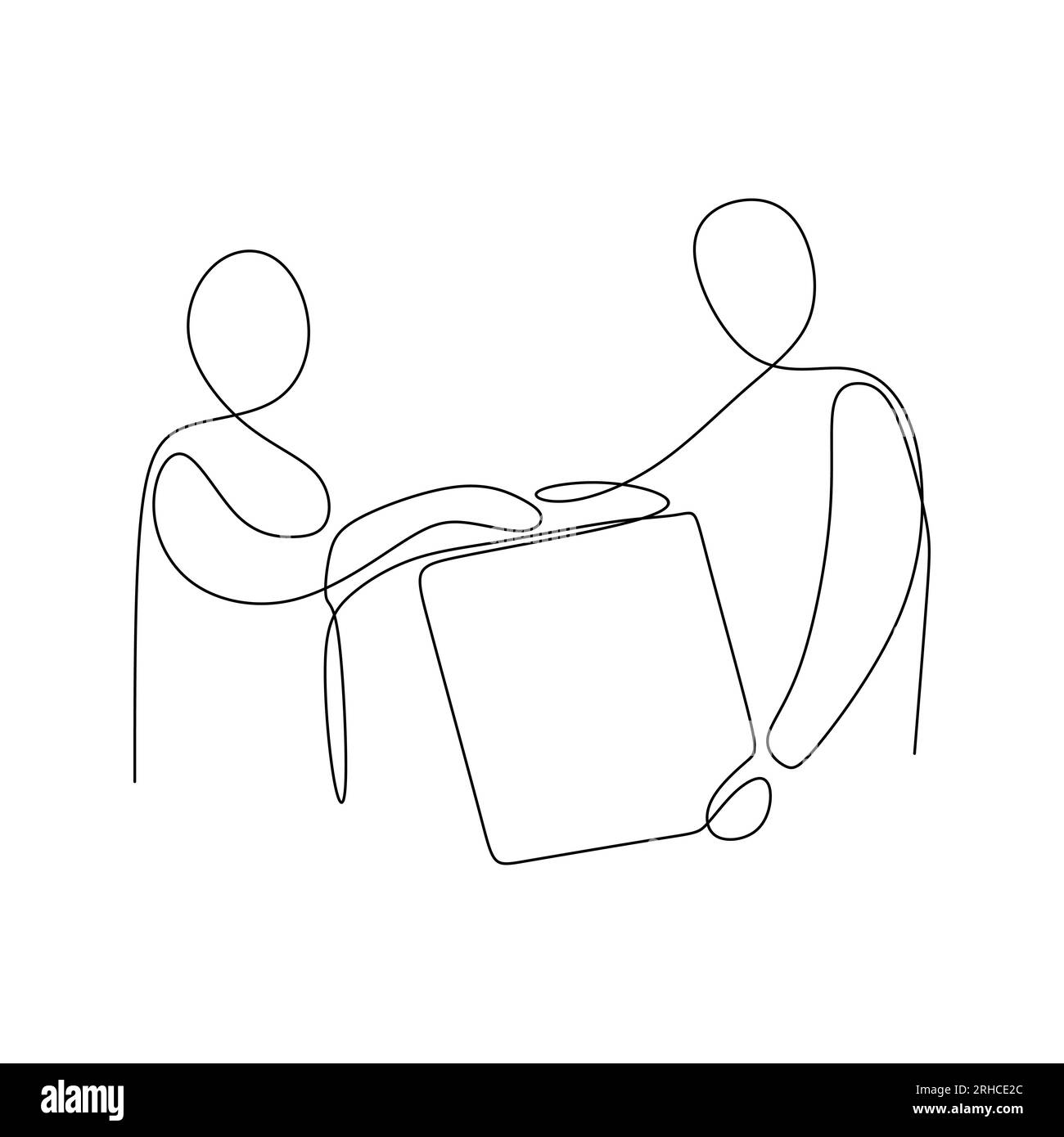continuous line drawing of business man handing an award to his winning coleague and handshake him Stock Vector