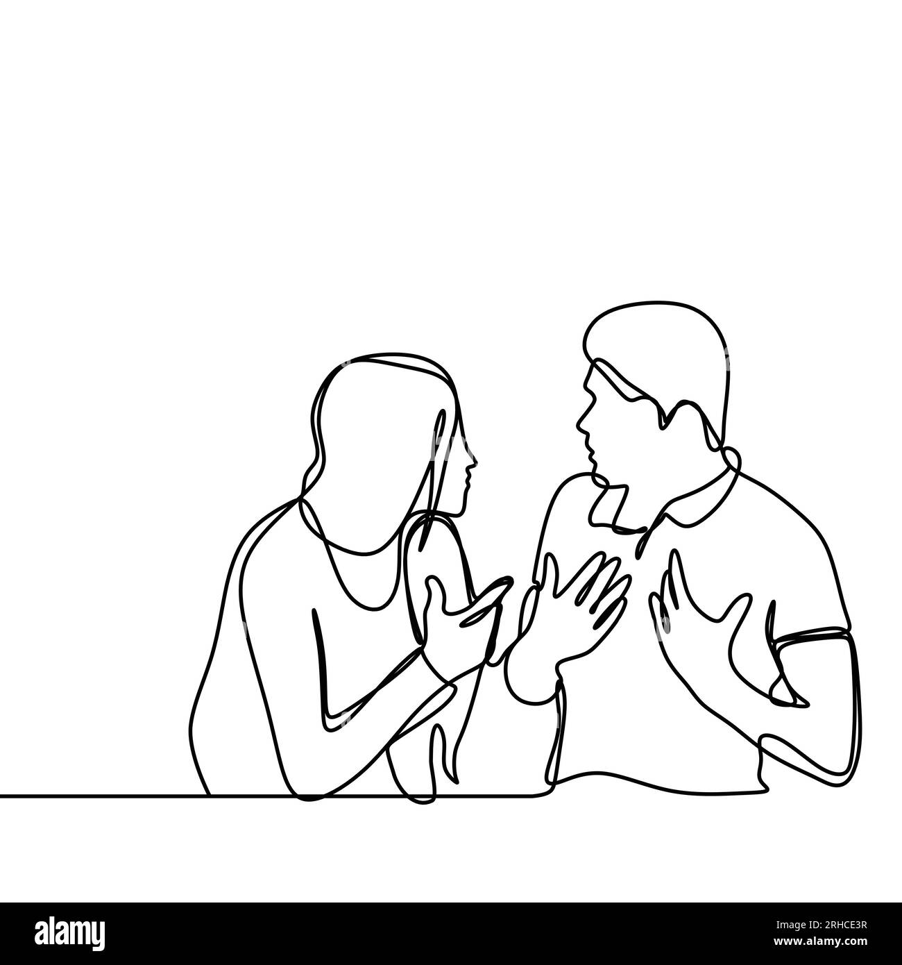Continuous line drawing of couple in conflict. Man and women talking each other with angry gesture vector illustration isolated on white background. Stock Vector