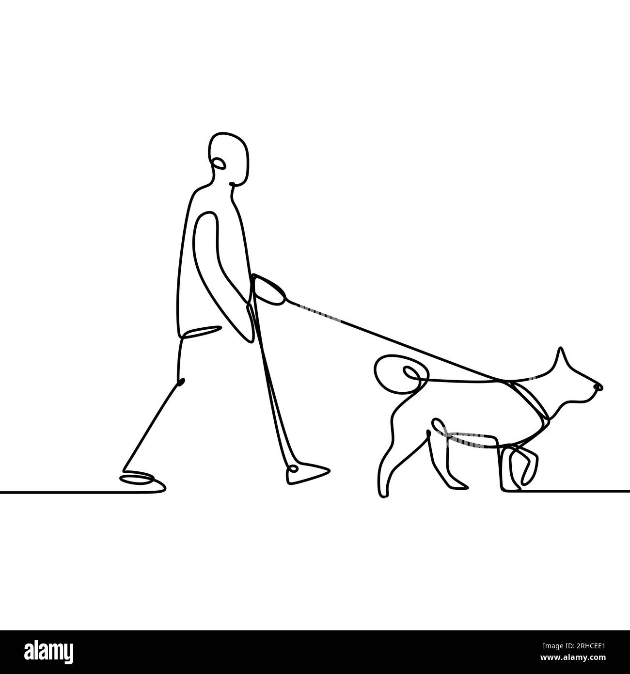 Continuous one line person is walking with a dog. Stock Vector