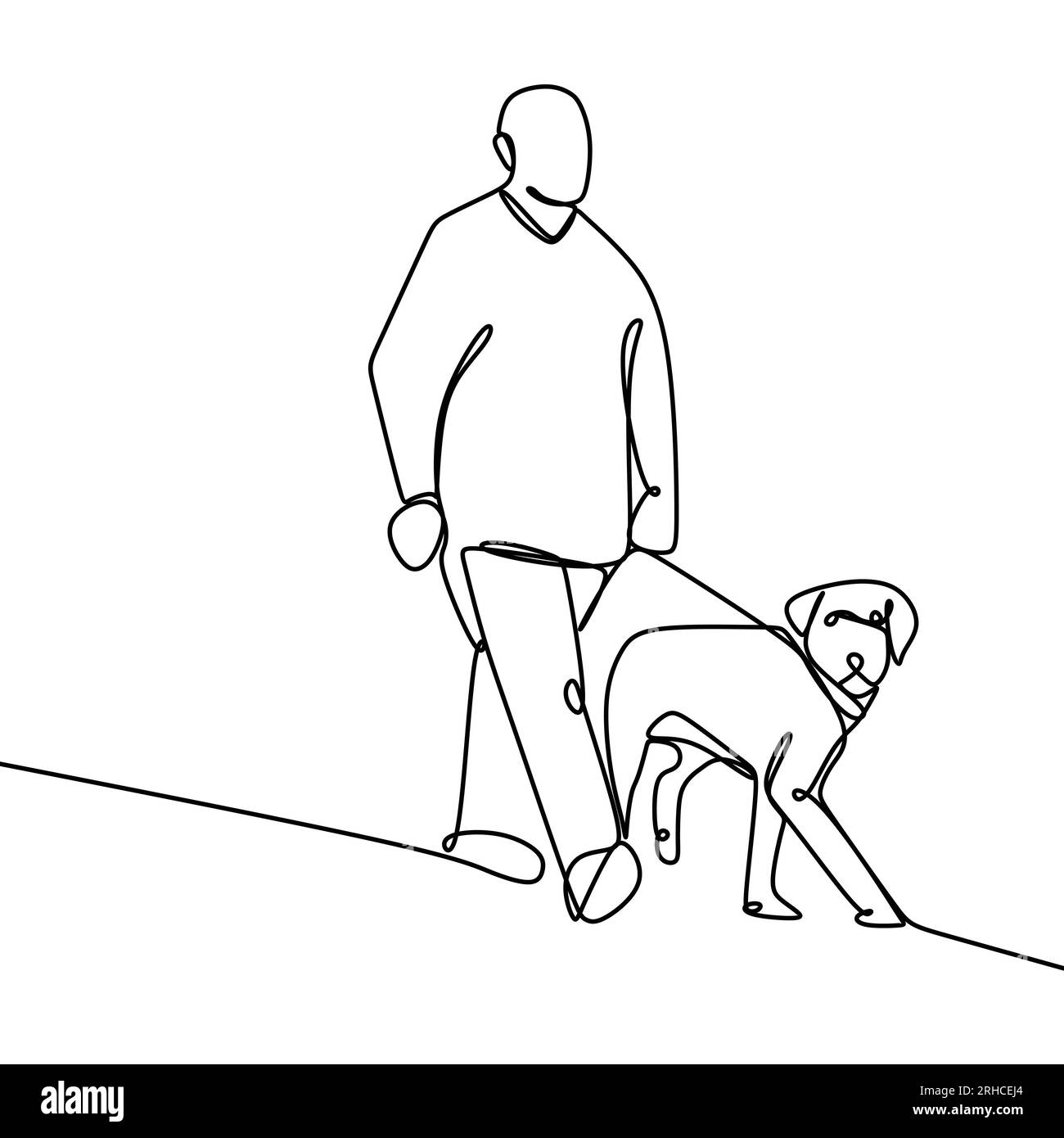 Continuous one line a guy is walking with a dog. Stock Vector