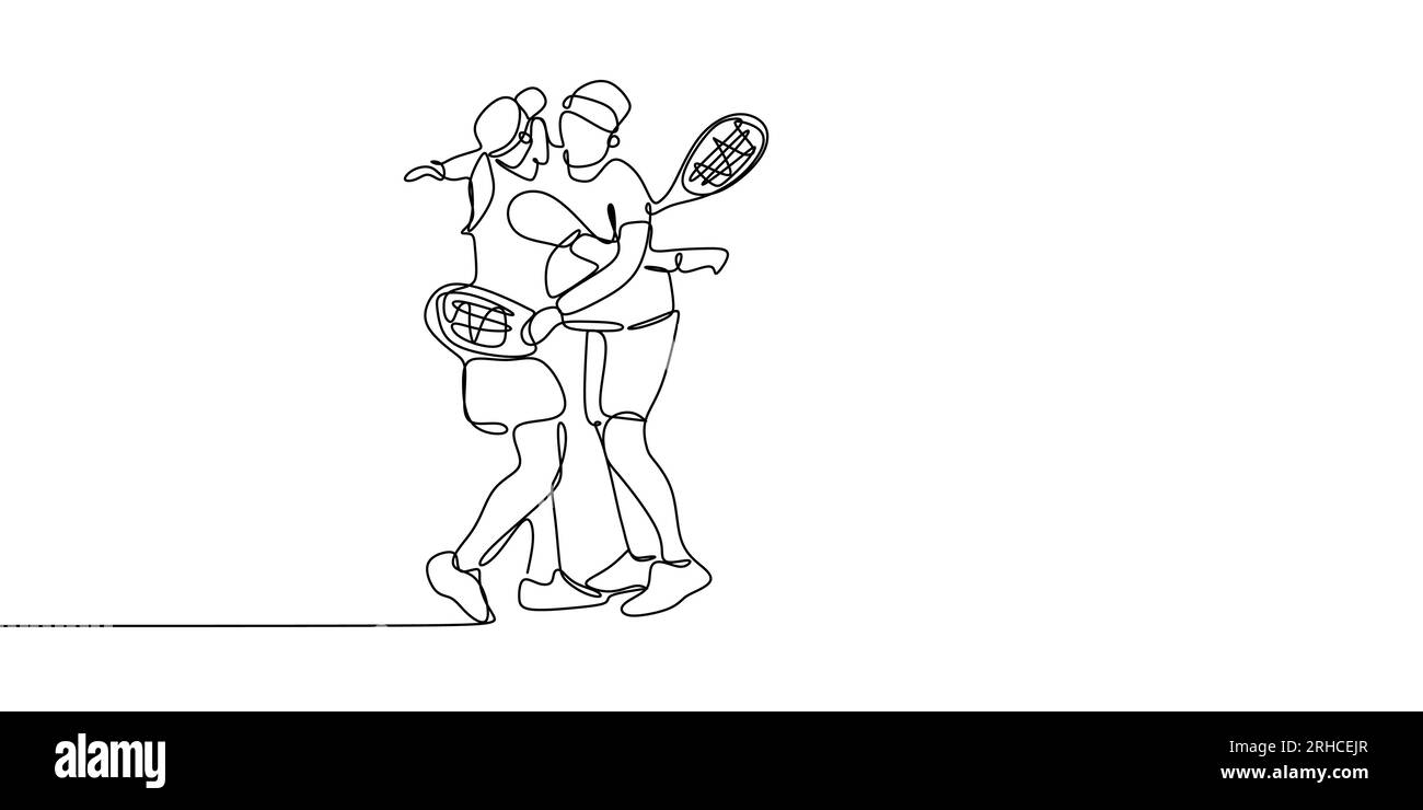 line drawing continues tennis players hug each other. Stock Vector