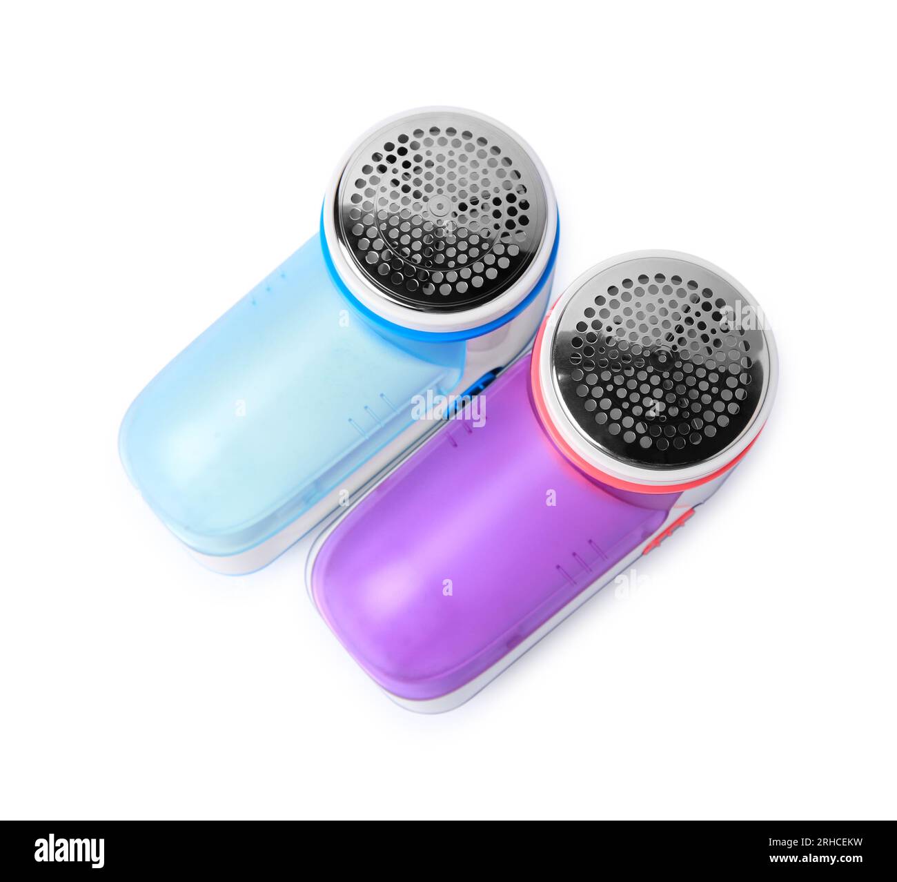Different fabric shavers on white background, top view Stock Photo