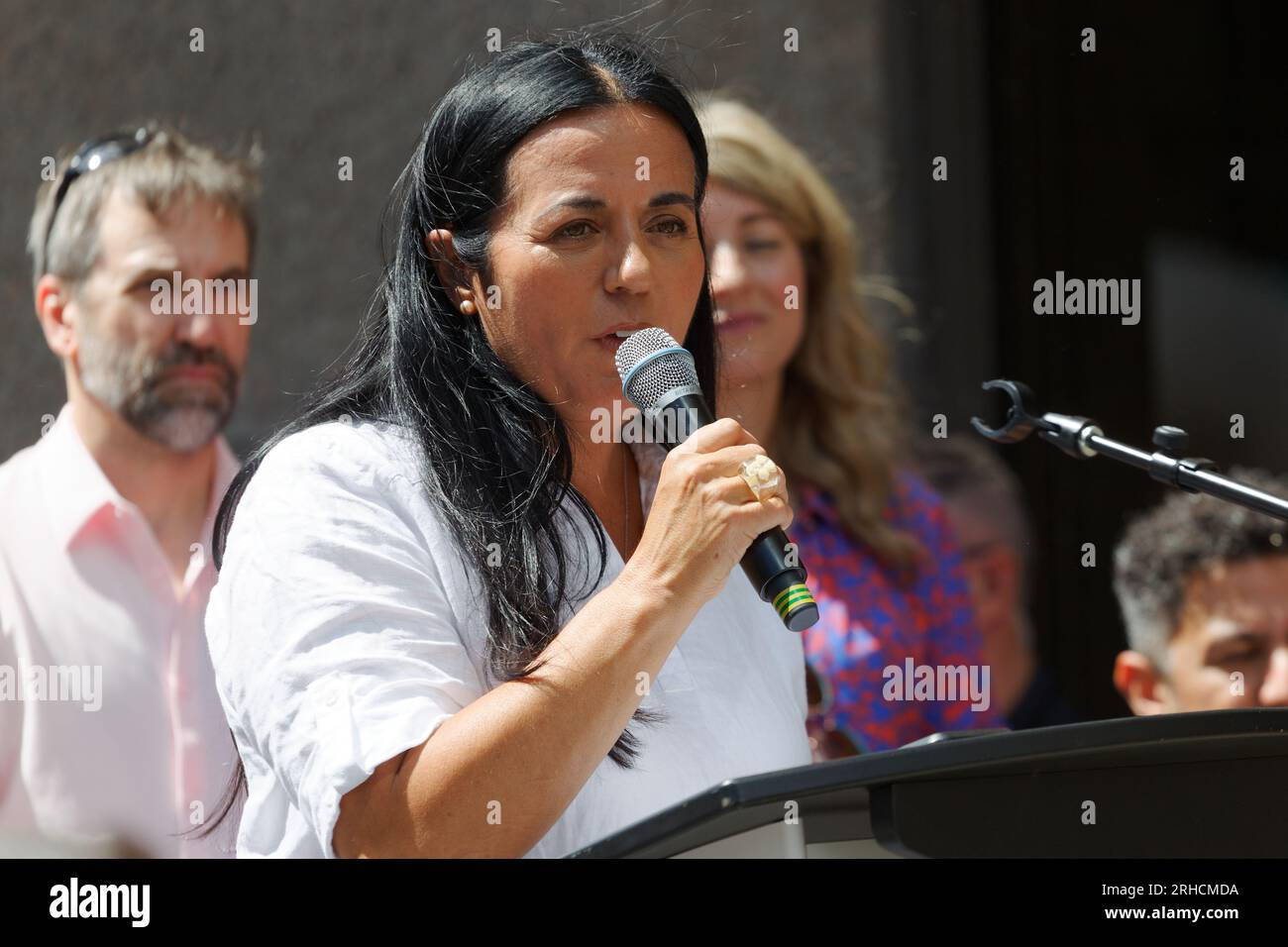 Soraya Martinez Ferrada, Minidter of tourism, gives a speech outside, before the start of the Montreal Pride Parade. Montreal,Quebec,Canada Stock Photo