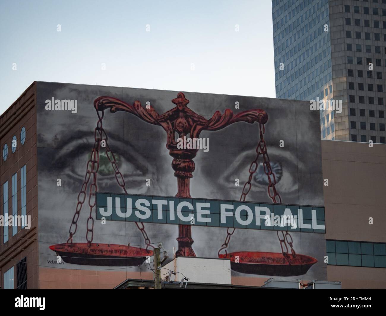 Victor Ash's mural entitled 'Justice for All' depicting Senfronia Thompson with scales of justice. Mural is on Remembrance Square in downtown Houston, Stock Photo