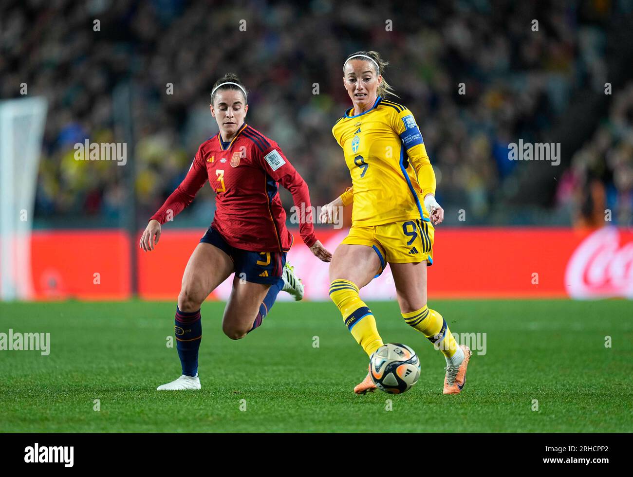 August 15 2023: Teresa Abelleira (Spain) and Kosovare Asllani (Sweden) battle for the ball during a game, at, . Kim Price/CSM Stock Photo