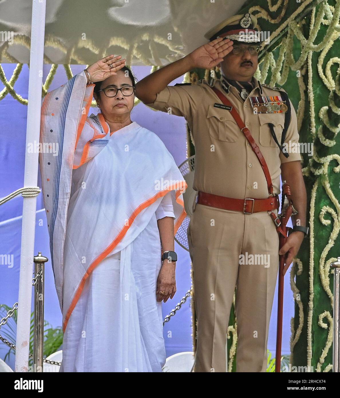 Kolkata, West Bengal, India. 15th Aug, 2023. West Bengal Chief Minister Mamata Banerjee during the 77th Independence Day Celebration in Kolkata Red Road. (Credit Image: © Dipa Chakraborty/Pacific Press via ZUMA Press Wire) EDITORIAL USAGE ONLY! Not for Commercial USAGE! Stock Photo