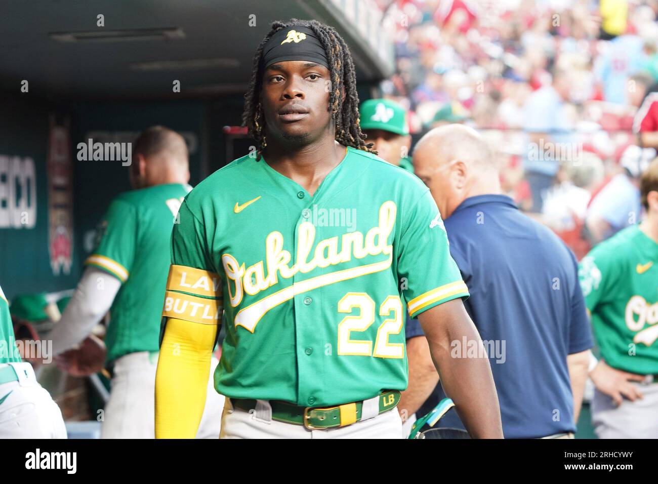 St. Louis, United States. 15th Aug, 2023. Oakland Athletics Lawrence Butler  walks in the dugout before a game against the St. Louis Cardinals at Busch  Stadium in St. Louis on August 14