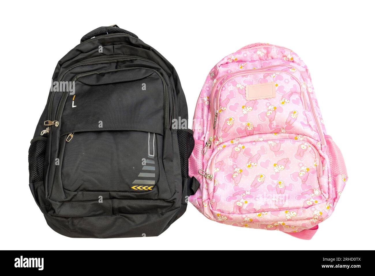 Black and Pink school bag on white isolated background. Boy and girl school bag set concept. Stock Photo