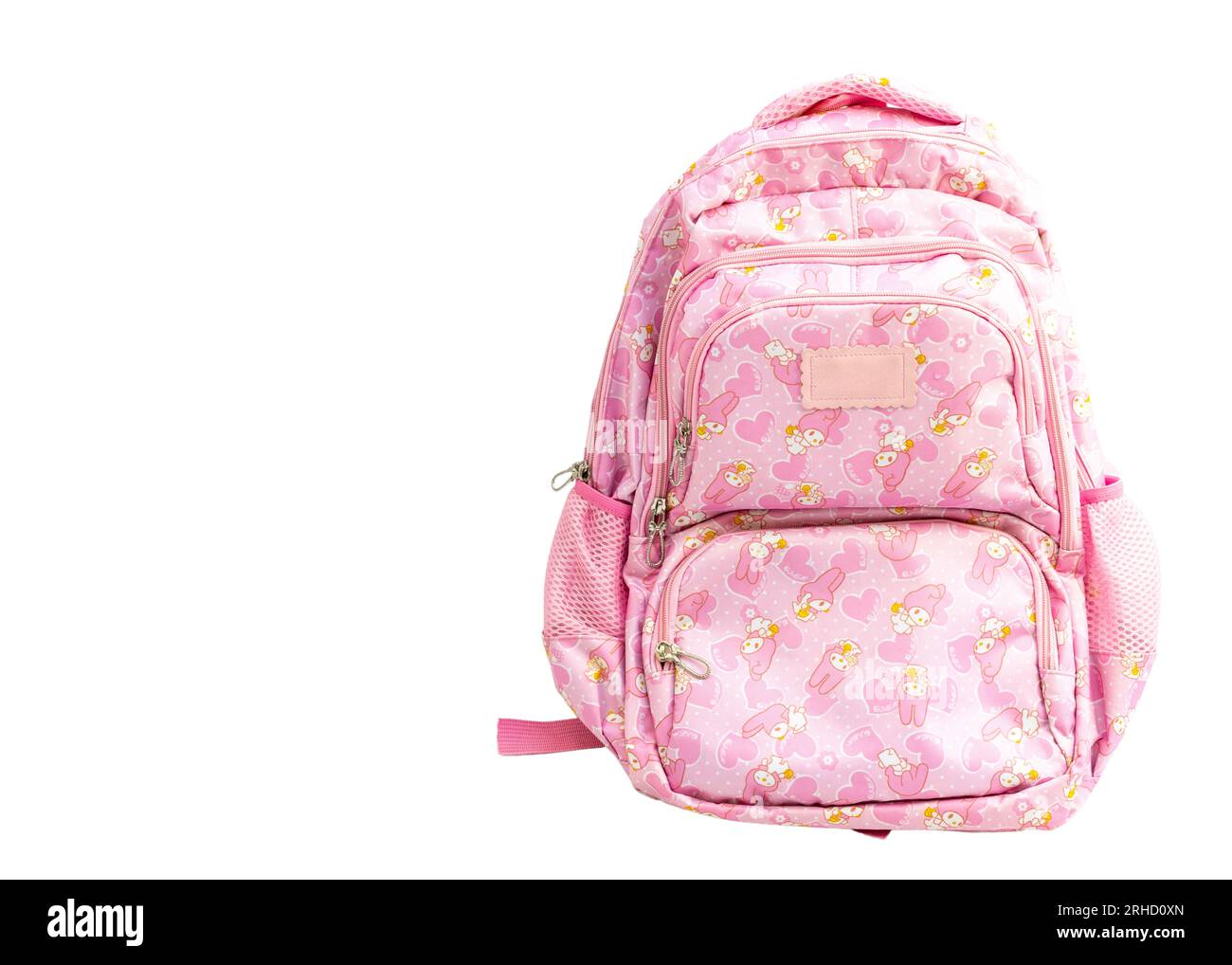 Comfortable pink barbie theme school backpack for girls with beautiful patterns and design on white isolated background with copy space Stock Photo