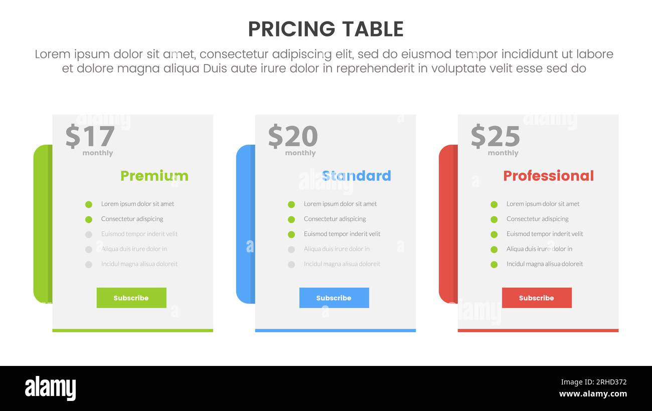pricing table or price comparison infographic 3 point stage template
