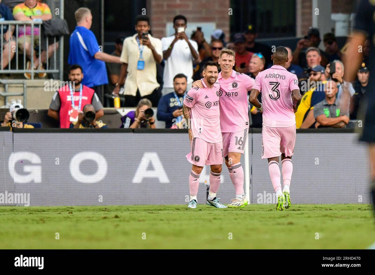 Chester, PA, USA 15th Aug, 2023 Lionel Messi celebrates a goal with teammates (Credit Image: Don Mennig Alamy News - Editorial Use Only - No Commercial Use) Stock Photo