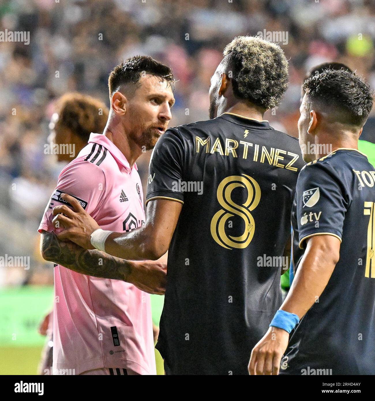 Lionel Messi for Inter Miami argues a foul by Philadelphia Union midfielder Jose Martinez (Credit Image: Don Mennig Alamy News - Editorial Use Only - No Commercial Use) Stock Photo