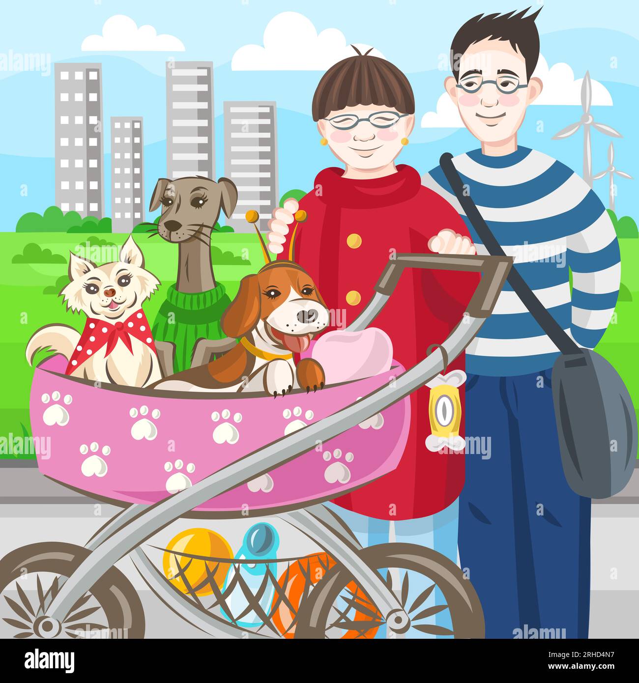 Asian couple with 3 dogs in stroller walking in the park vector