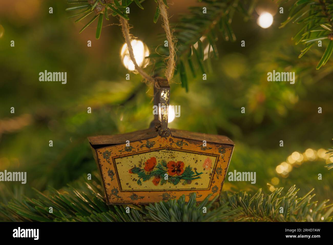 Very old metal box christmas tree decoration Stock Photo