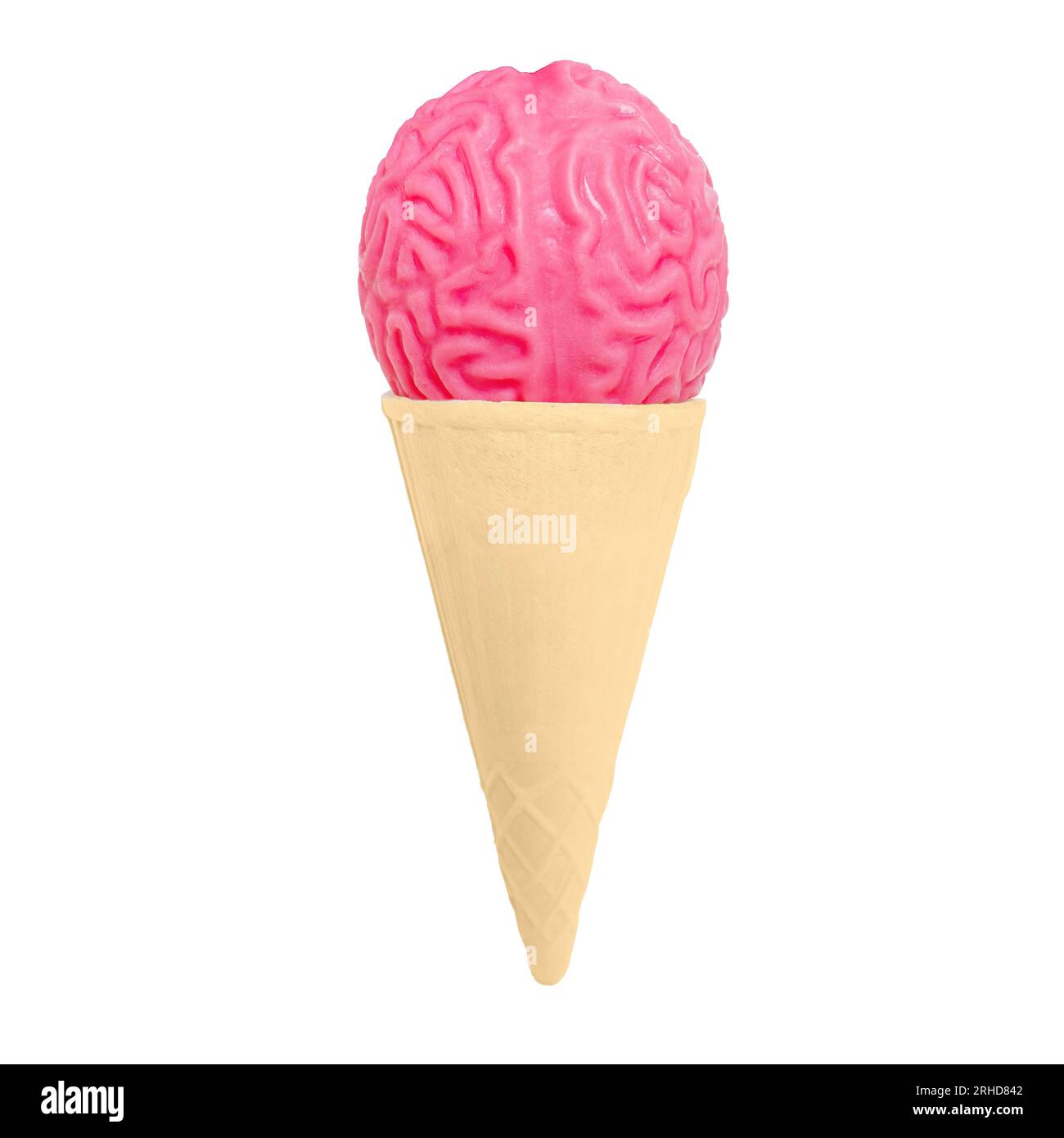Ice cream cone topped with a delicious scoop of brainshaped model isolated on white background