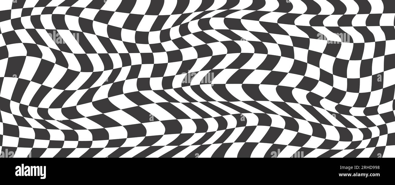 Checkerboard wavy pattern. Abstract chess square print. Black and white psychedelic optical illusion. Warped flag with geometric graphic. Y2k design Stock Vector