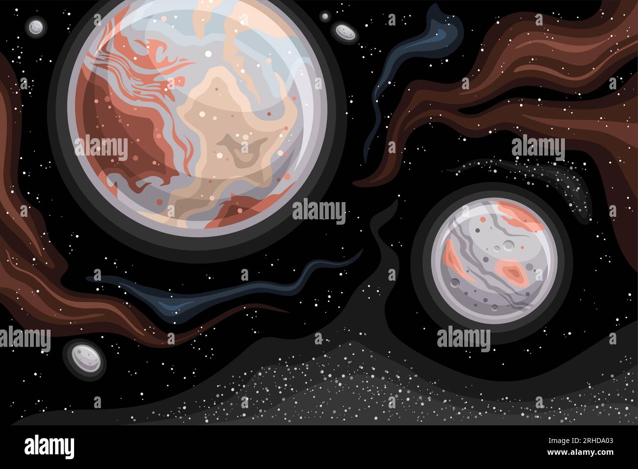 Vector Fantasy Space Chart, astronomical horizontal poster with cartoon design dwarf planet Pluto and moon Charon in deep space, decorative colorful c Stock Vector