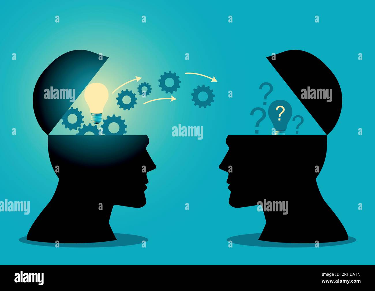 Knowledge or ideas sharing between two people head, transferring knowledge, innovation, brain storming concept Stock Vector