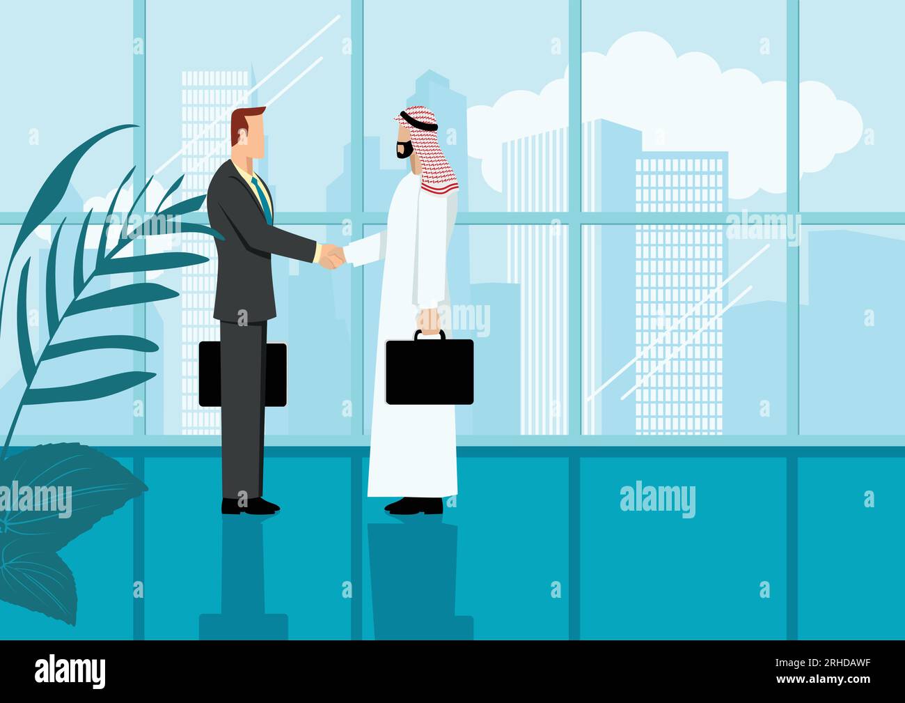 Simple flat vector illustration of an Arabic businessman shake hand with western businessman Stock Vector
