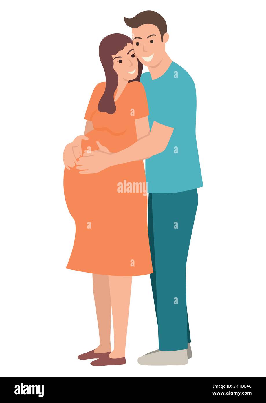 Simple flat cartoon illustration of a husband hugging his pregnant wife Stock Vector