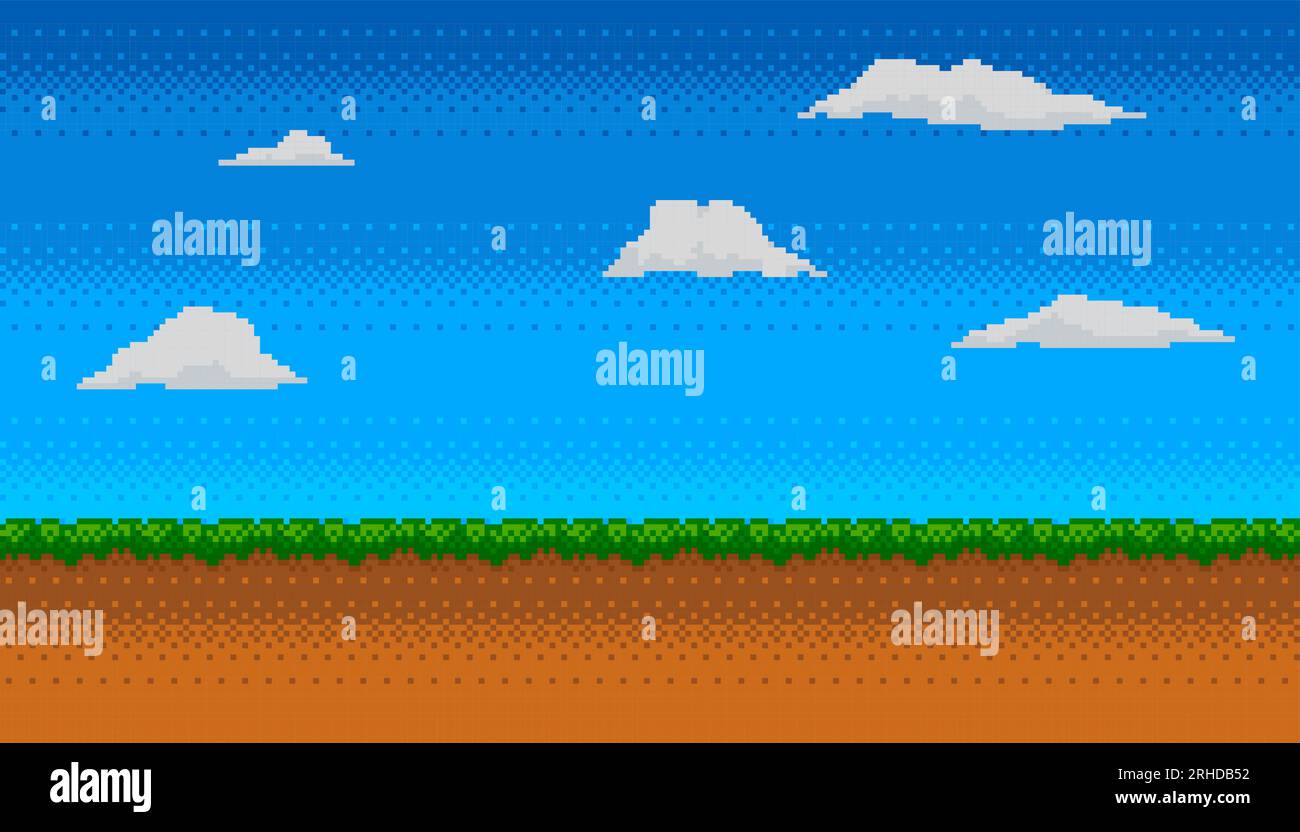 Pixel art background with grass, sky and clouds. Retro 8 bit video game screen. Vector illustration Stock Vector