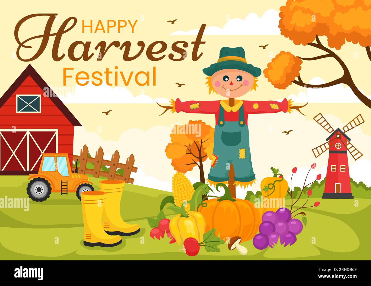 Happy Harvest Festival Vector Illustration of Autumn Season Background ...