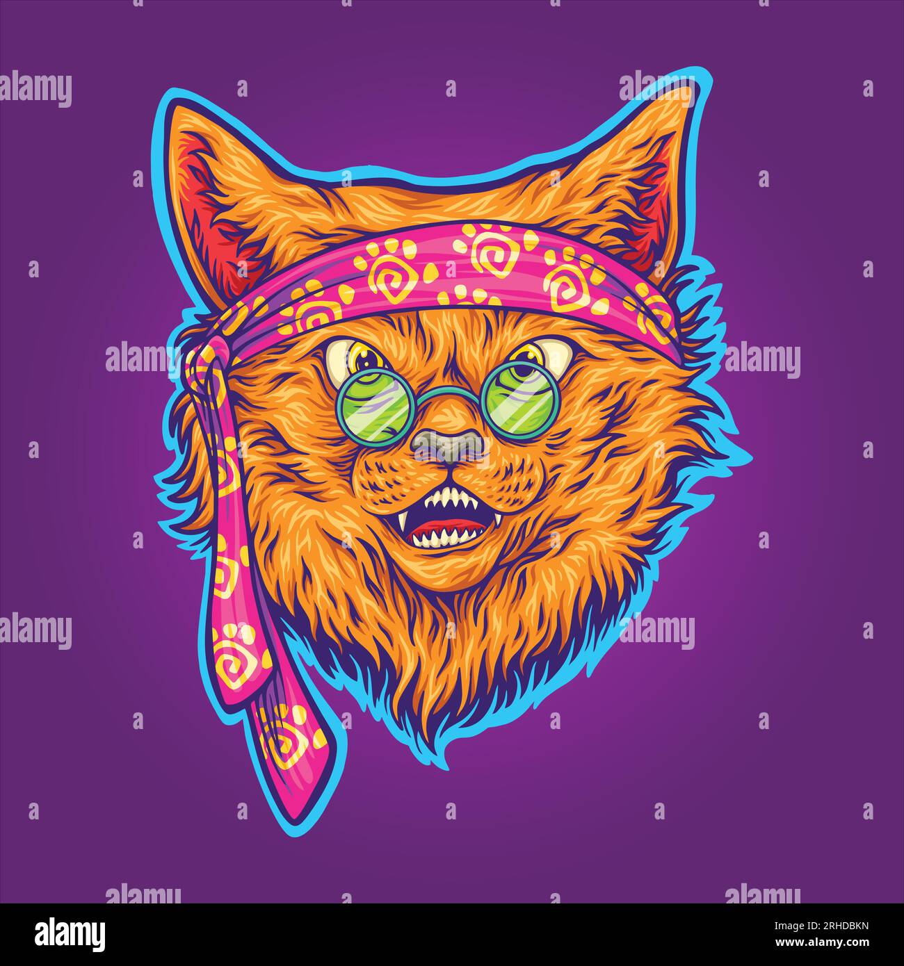 Trippy psychedelic funky hippie cat vector illustrations for your work logo, merchandise t-shirt, stickers and label designs, poster, greeting cards a Stock Vector